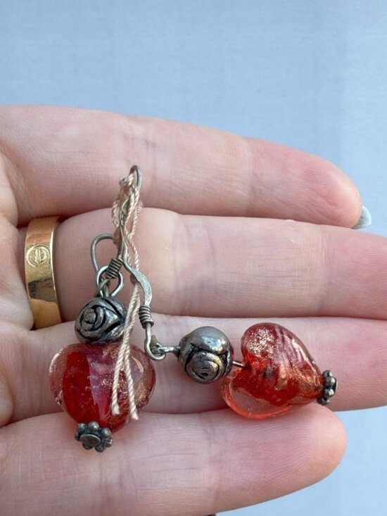 Jewelry - Vintage 925 Sterling Silver Dangle Earrings with Glass Heart and Rose Accent